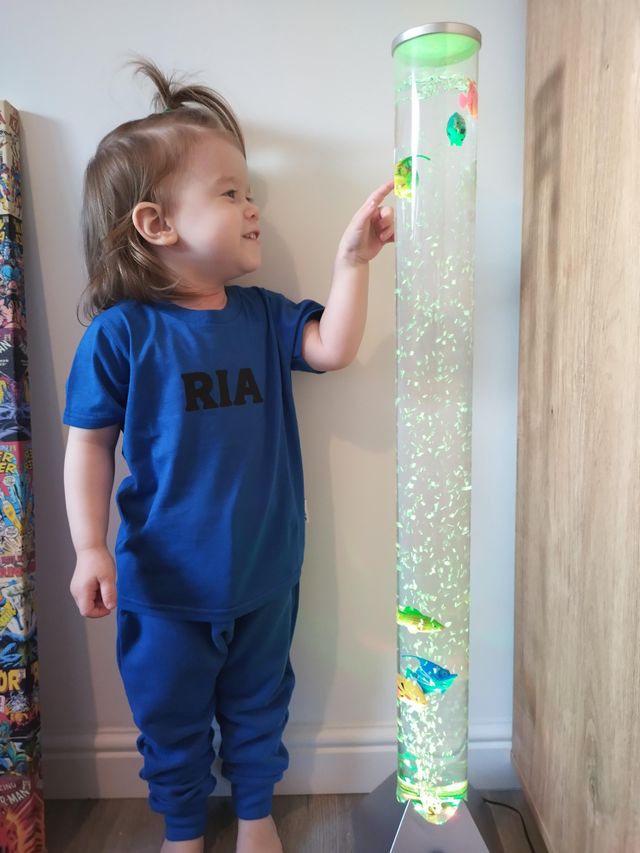 Toddler girl wears personalised blue t shirt and joggers set